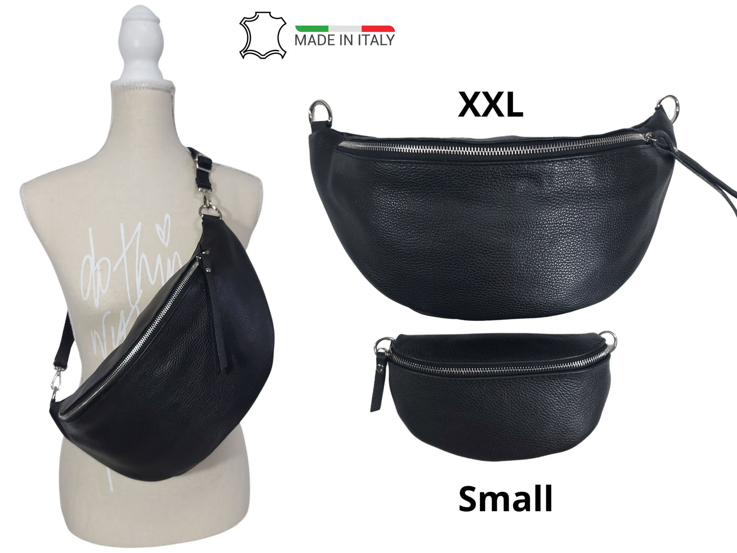 crossbody bag Damen Schwarz Leder XXL mit buntem und breitem gurt. gift for her. Made in Italy.