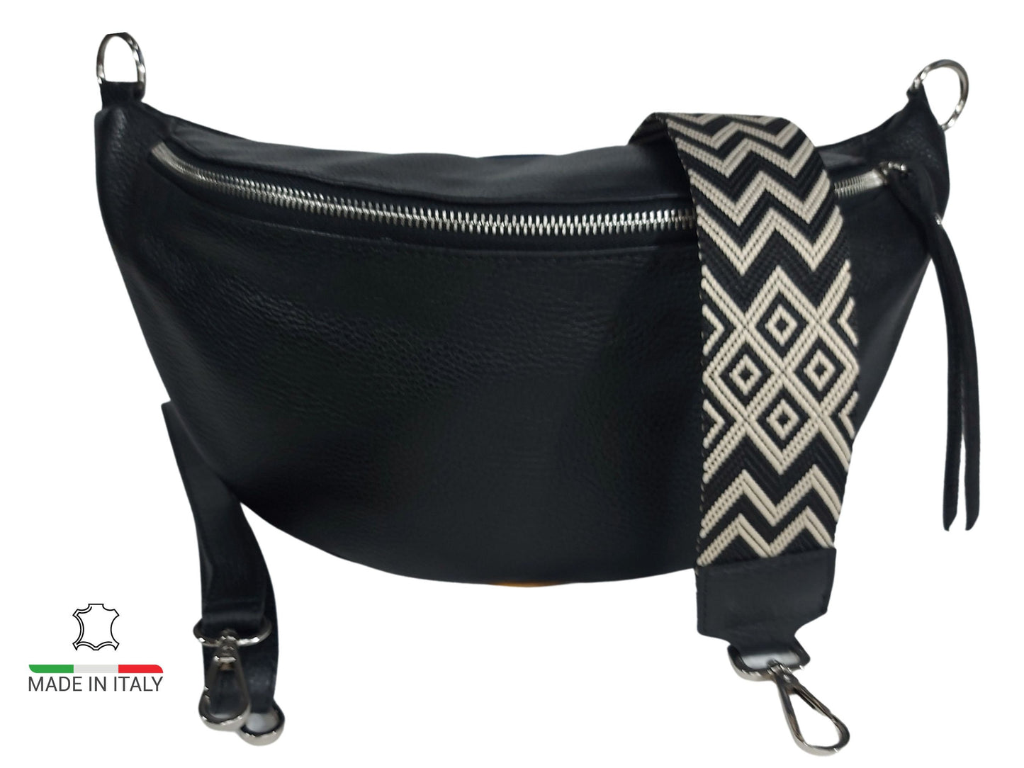 crossbody bag Damen Schwarz Leder XXL mit buntem und breitem gurt. gift for her. Made in Italy.