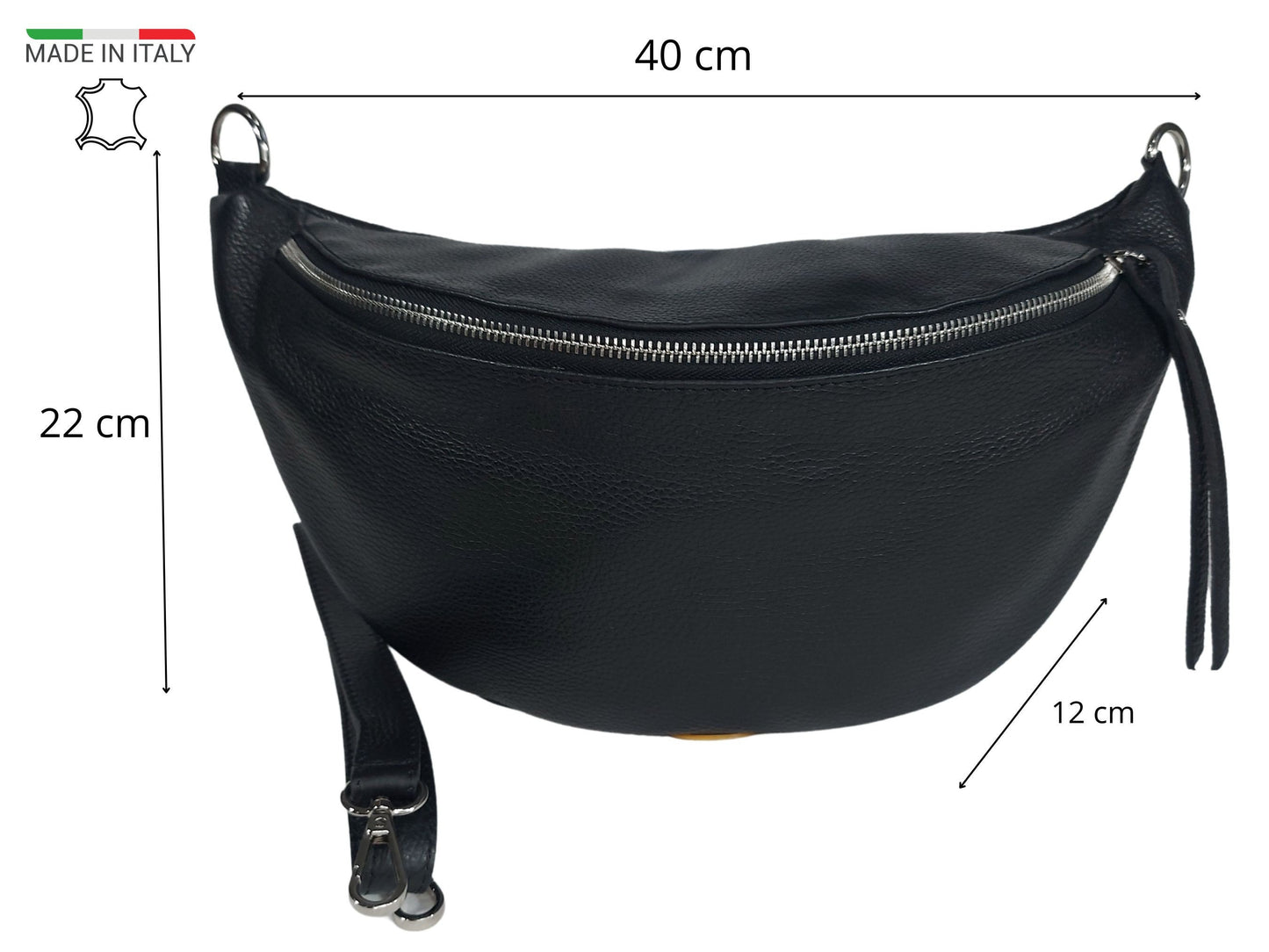 crossbody bag Damen Schwarz Leder XXL mit buntem und breitem gurt. gift for her. Made in Italy.