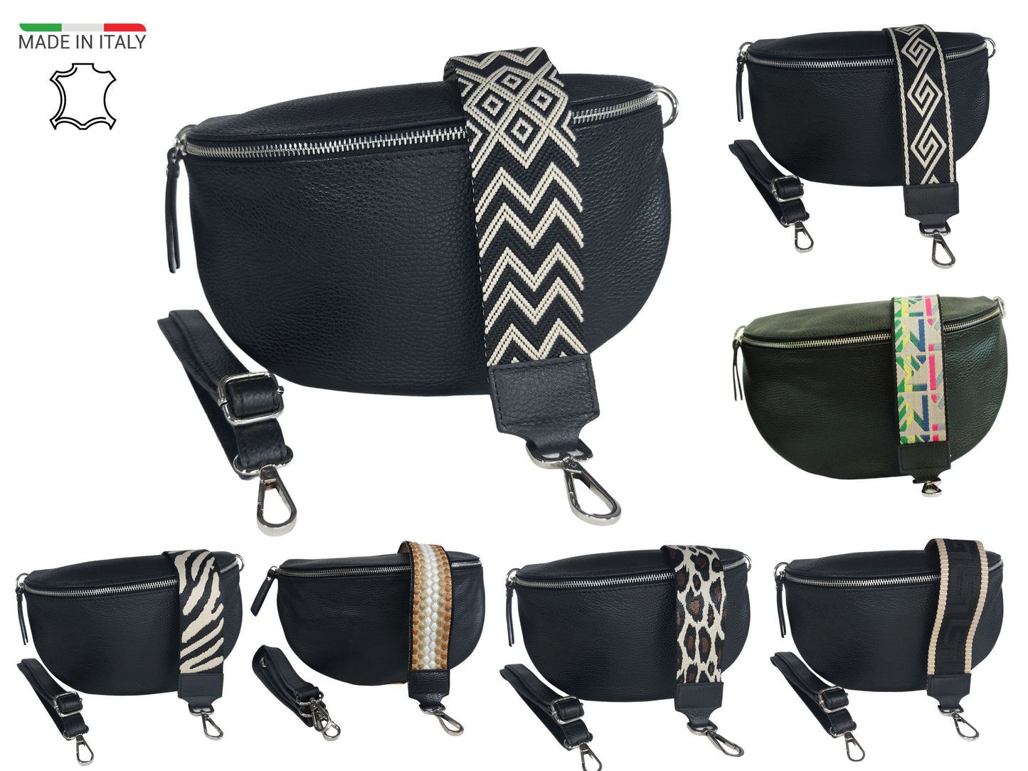 Crossbody Bag Damen XL mit wechselgurt, Bauchtasche leder Schwarz, schöne Bauchtasche, Borse in Pelle, Crossbag, Slingbag, Umhängetasche