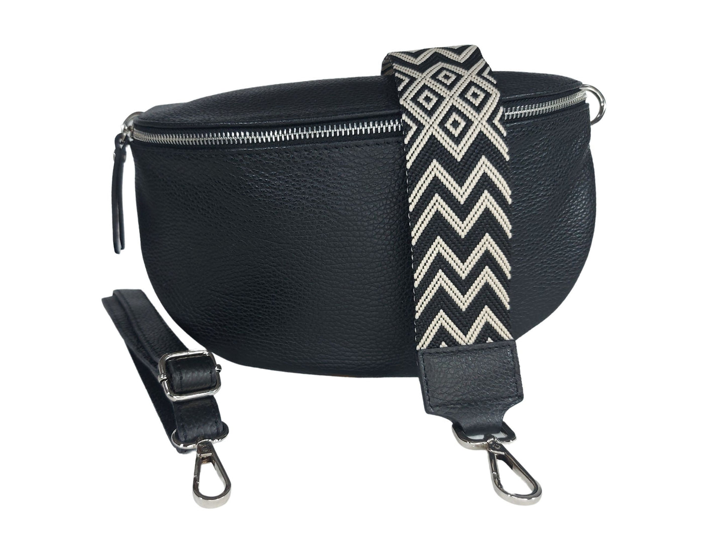 Umhängetasche Damen Bauchtasche Leder Schwarz, Crossbody Bag mit wechselgurt, schöne Bauchtasche Damen schwarz, Bananentasche, Slingbag