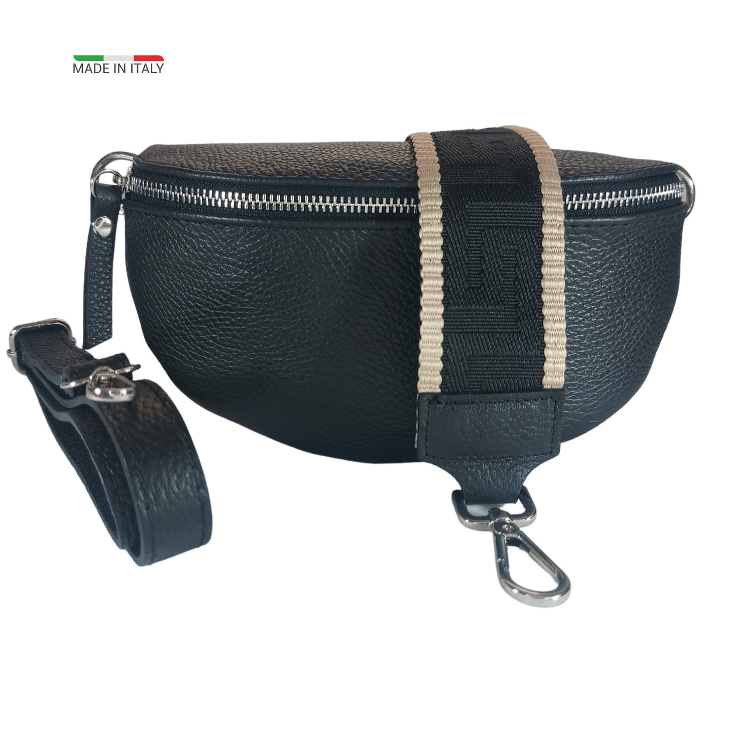 Bauchtasche Damen Schwarz Klein Crossbody Bag Leder Mit Gurt made in Italy Größe S