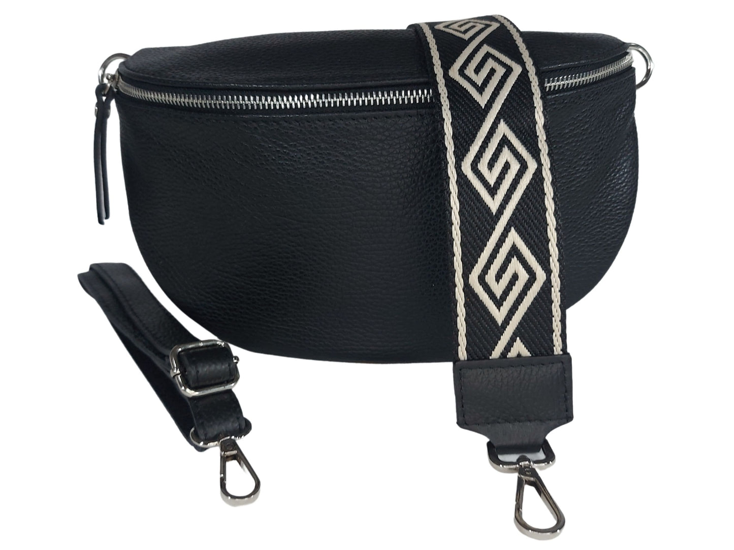 Umhängetasche Damen Bauchtasche Leder Schwarz, Crossbody Bag mit wechselgurt, schöne Bauchtasche Damen schwarz, Bananentasche, Slingbag