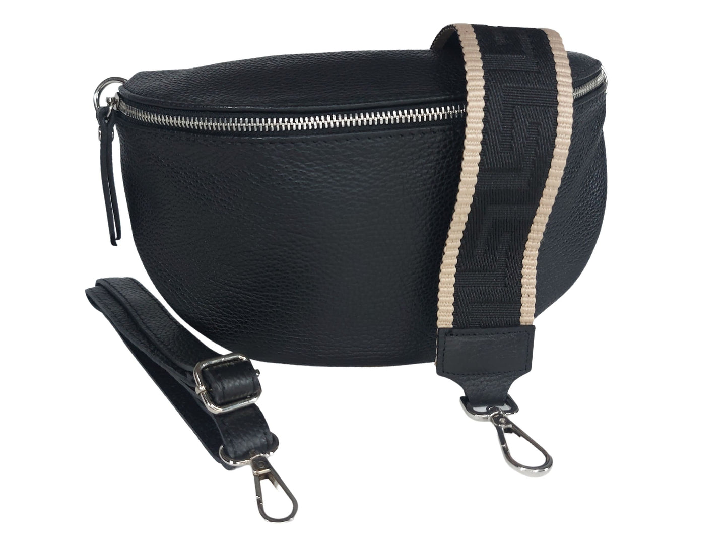 Umhängetasche Damen Bauchtasche Leder Schwarz, Crossbody Bag mit wechselgurt, schöne Bauchtasche Damen schwarz, Bananentasche, Slingbag