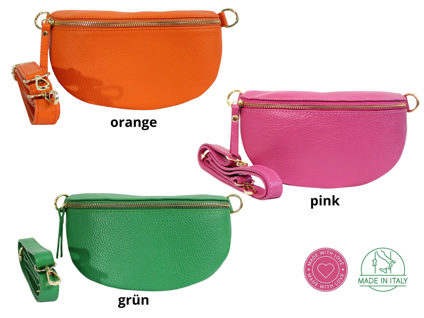 Crossbody Bag Pink Grün Orange Klein Damen Leder Mit Gurt Bauchtasche made in Italy Crossbag Bananentasche mit Umhängeband