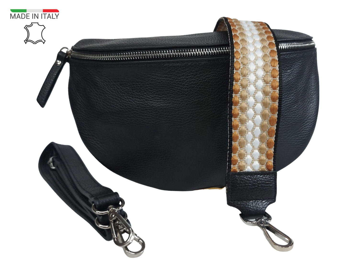 Umhängetasche Damen Bauchtasche Leder Schwarz, Crossbody Bag mit wechselgurt, schöne Bauchtasche Damen schwarz, Bananentasche, Slingbag